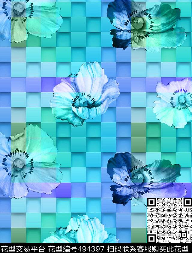 流行时尚手绘彩色方块花卉欧美数码印花华亿平台下载（图片编号: 494397） - 瓦栏（Walan）
