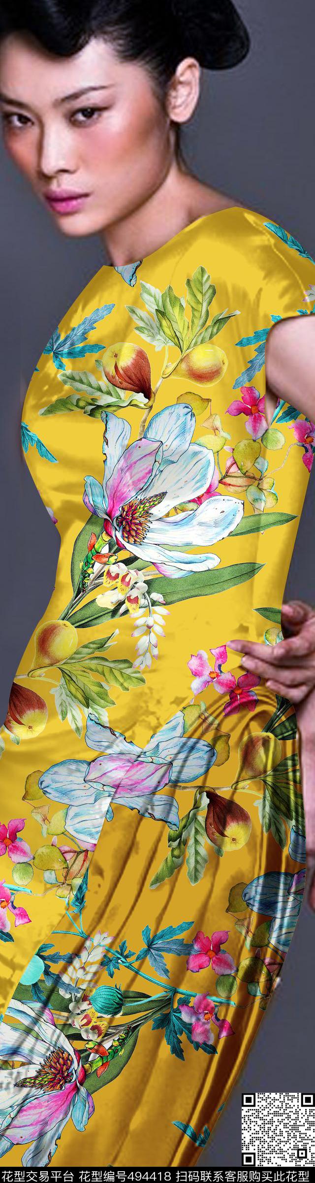 流行时尚欧美手绘彩色复古花卉数码印花华亿平台下载（图片编号: 494418） - 瓦栏（Walan）