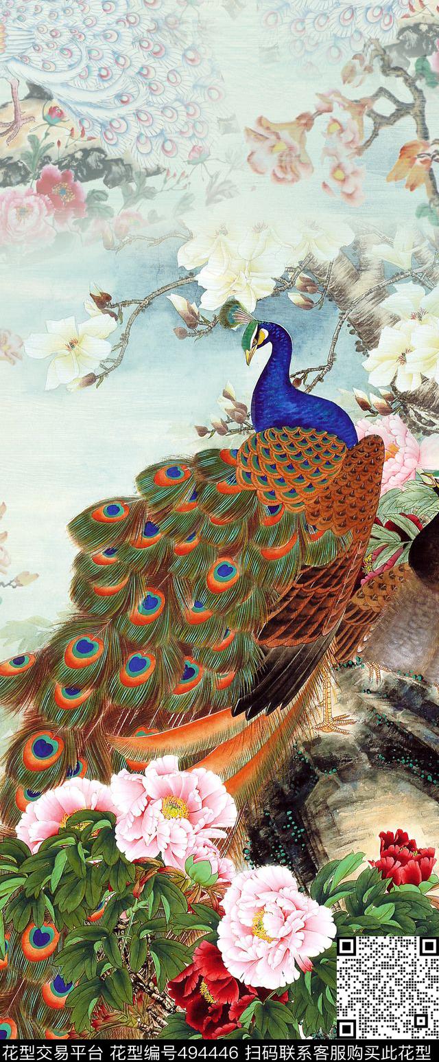 中国风孔雀牡丹数码印花华亿平台下载（图片编号: 494446） - 瓦栏（Walan）