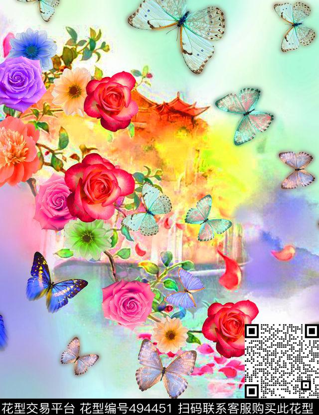 流行时尚欧美手绘山水玫瑰梦幻蝴蝶数码印花华亿平台下载（图片编号: 494451） - 瓦栏（Walan）