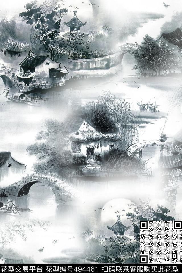 江南水乡风景建筑单色数码印花华亿平台下载（图片编号: 494461） - 瓦栏（Walan）