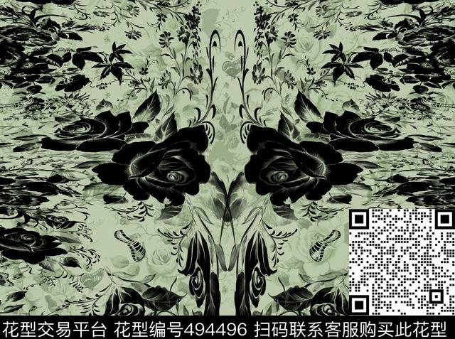 面料花卉黑色数码印花华亿平台下载（图片编号: 494496） - 瓦栏（Walan）