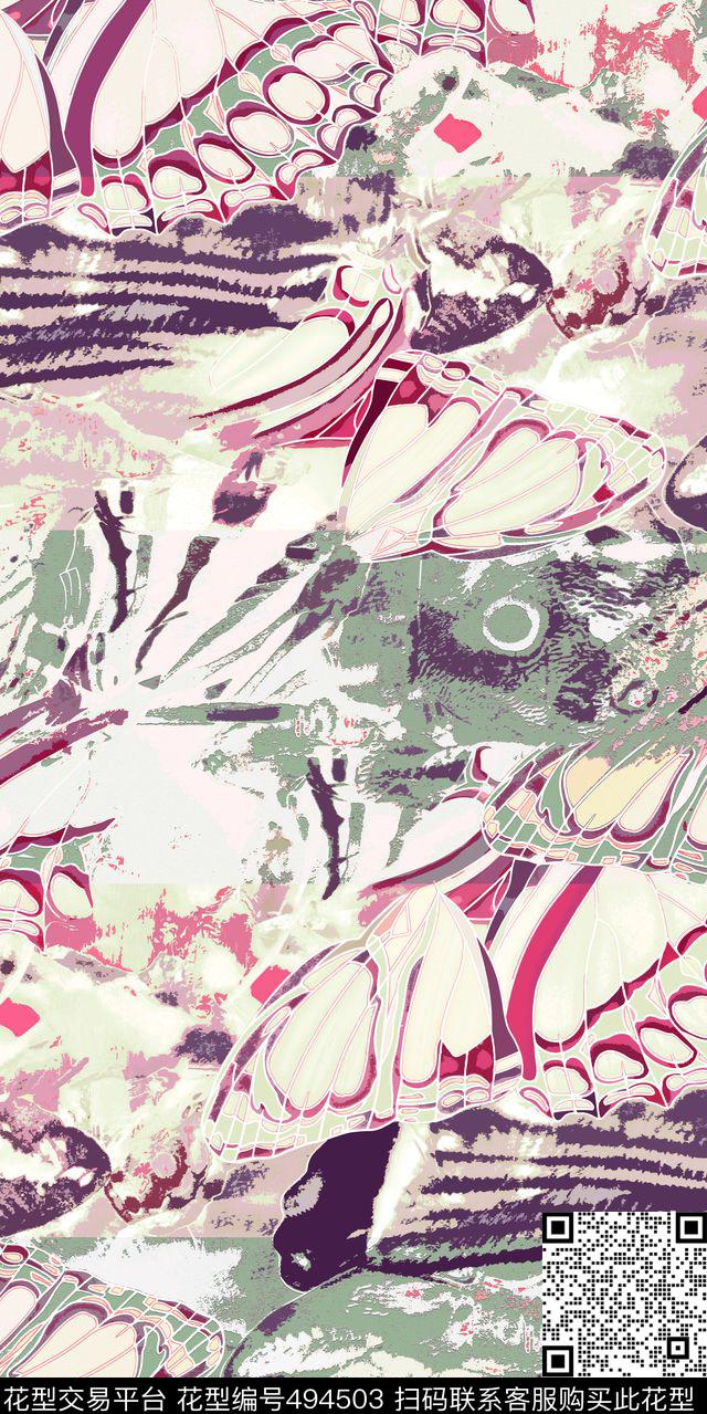 面料蝴蝶抽像数码印花华亿平台下载（图片编号: 494503） - 瓦栏（Walan）