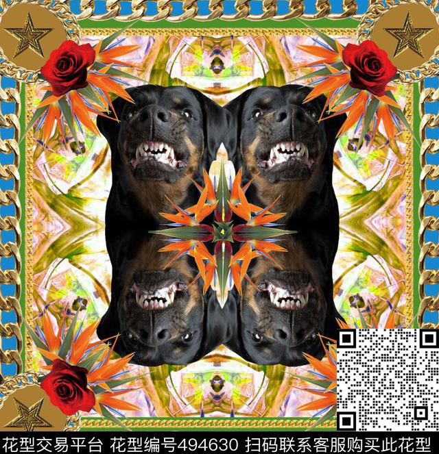 动物狗头时尚色块流行花卉色彩纹理丝巾华亿平台数码印花华亿平台下载（图片编号: 494630） - 瓦栏（Walan）