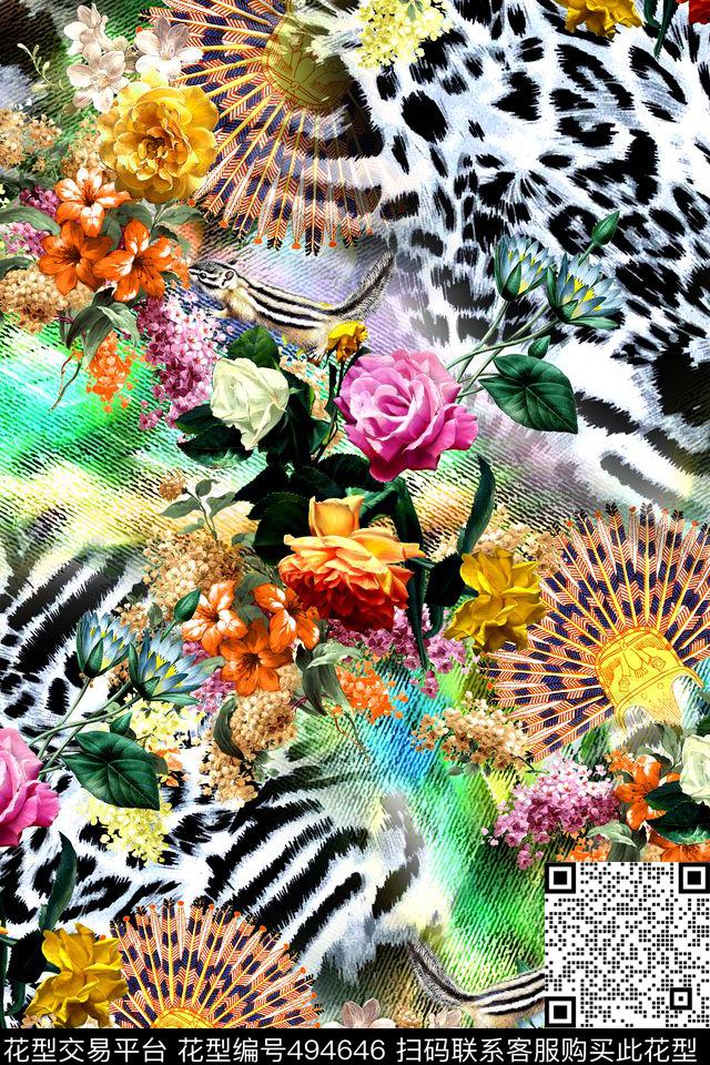 时尚花卉羽毛数码印花华亿平台下载（图片编号: 494646） - 瓦栏（Walan）