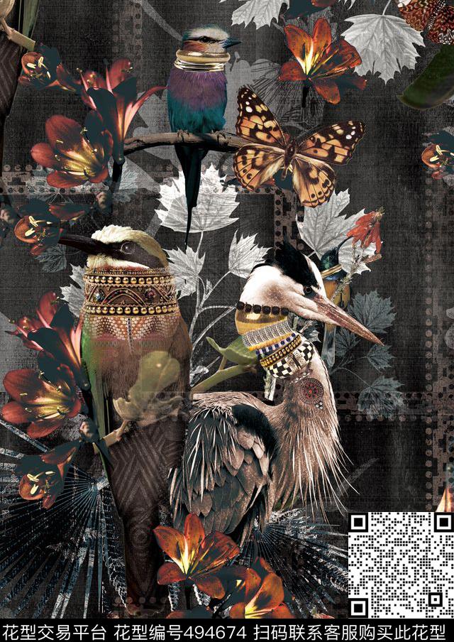 复古花鸟框架复古珠宝数码印花华亿平台下载（图片编号: 494674） - 瓦栏（Walan）