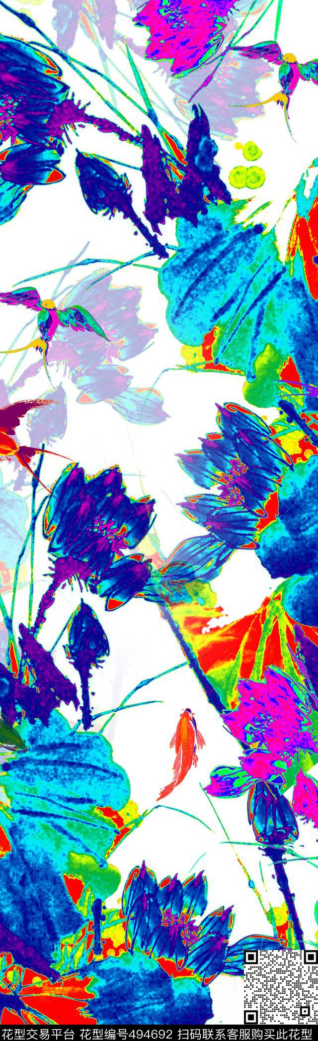 炫彩荷花小鸟数码印花华亿平台下载（图片编号: 494692） - 瓦栏（Walan）