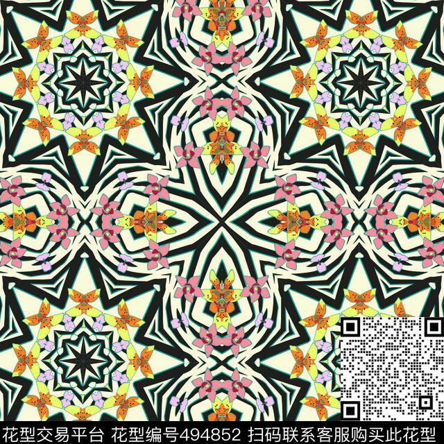 花卉黑色纹路传统印花华亿平台下载（图片编号: 494852） - 瓦栏（Walan）