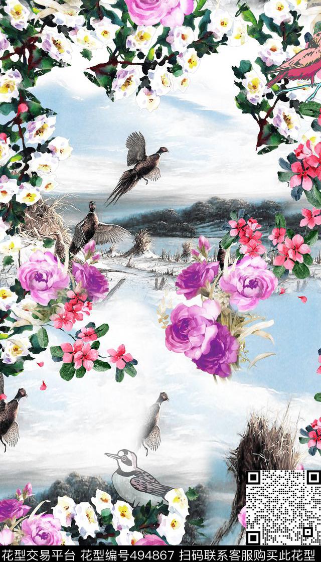 女装花卉花鸟植物数码印花华亿平台下载（图片编号: 494867） - 瓦栏（Walan）