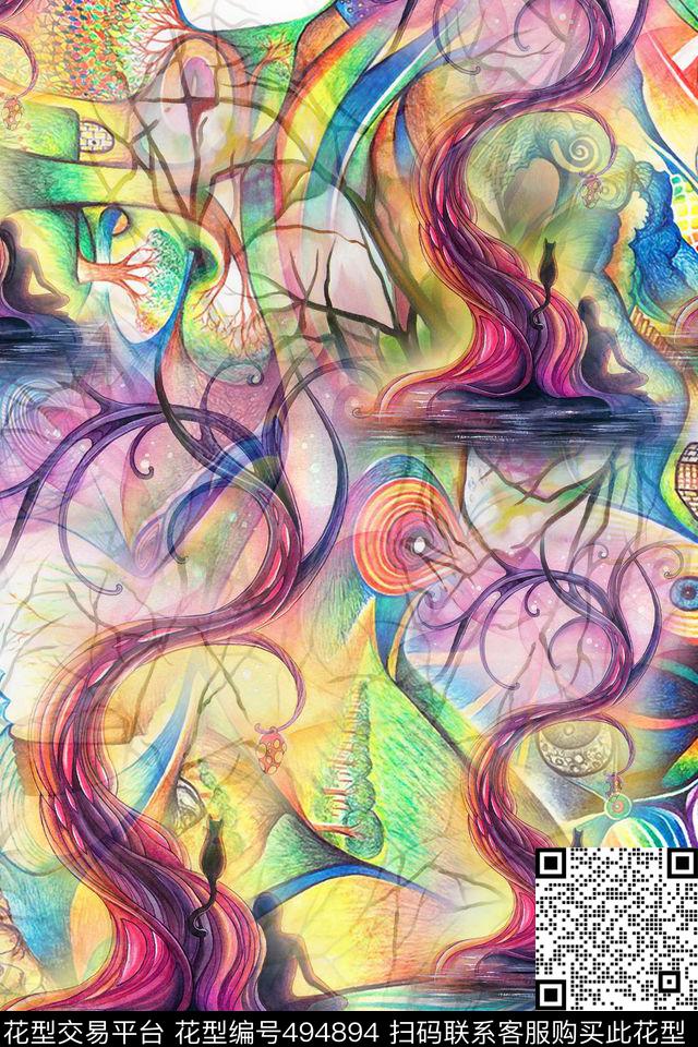 油画女人藤蔓数码印花华亿平台下载（图片编号: 494894） - 瓦栏（Walan）