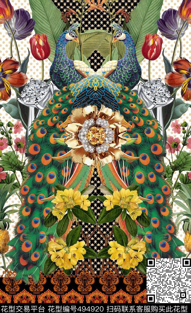 潮流时尚孔雀时尚定位数码印花华亿平台下载（图片编号: 494920） - 瓦栏（Walan）