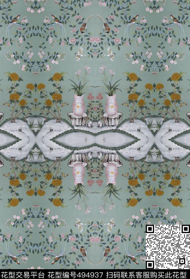 国画树枝花瓶小鸟自然数码印花华亿平台下载（图片编号: 494937） - 瓦栏（Walan）