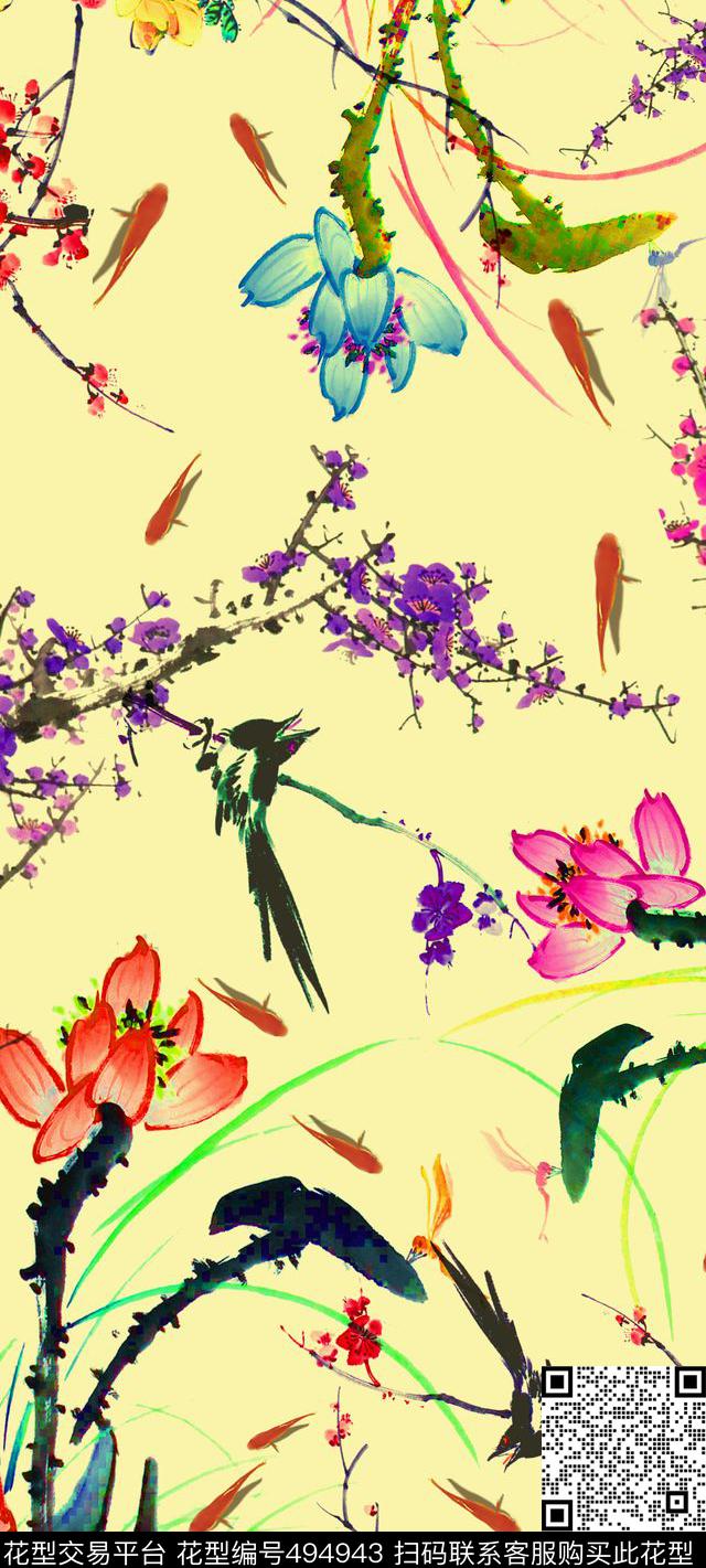 中国风水墨荷花鱼数码印花华亿平台下载（图片编号: 494943） - 瓦栏（Walan）