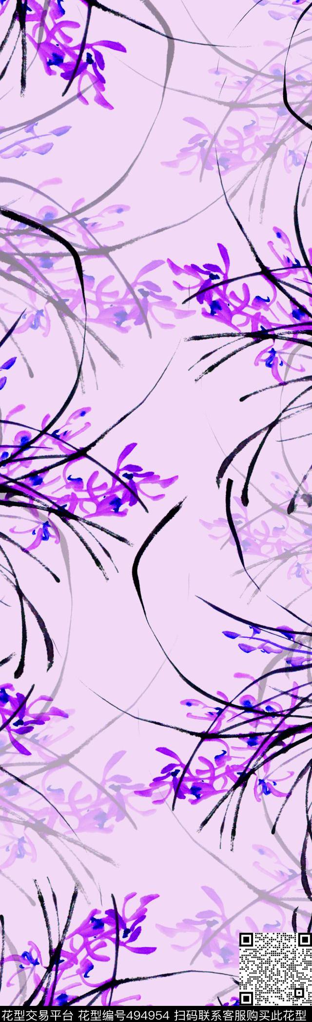 中国风兰花水墨数码印花华亿平台下载（图片编号: 494954） - 瓦栏（Walan）