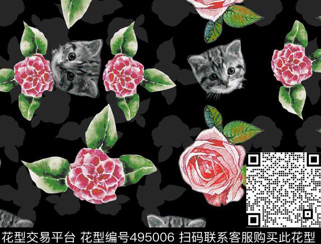 可爱猫头手绘花朵秋冬数码印花华亿平台下载（图片编号: 495006） - 瓦栏（Walan）