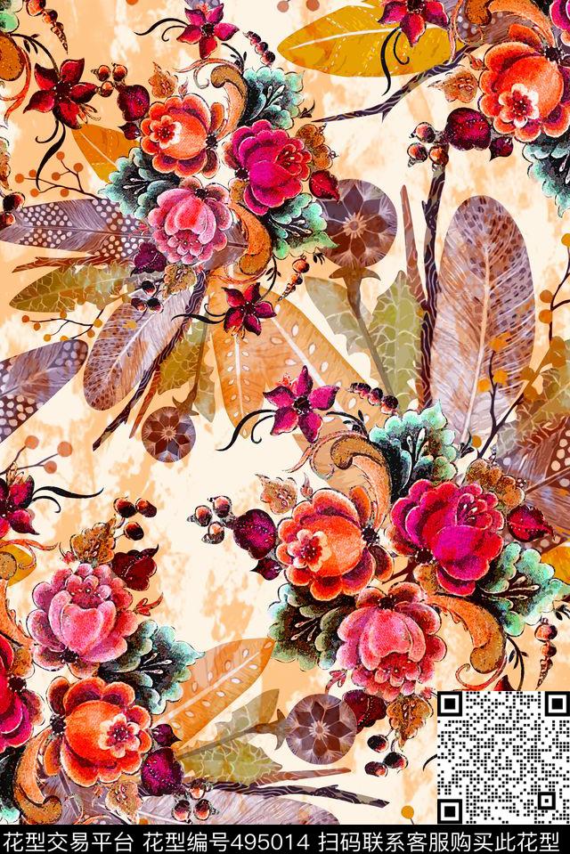 抽象民族羽毛数码印花华亿平台下载（图片编号: 495014） - 瓦栏（Walan）