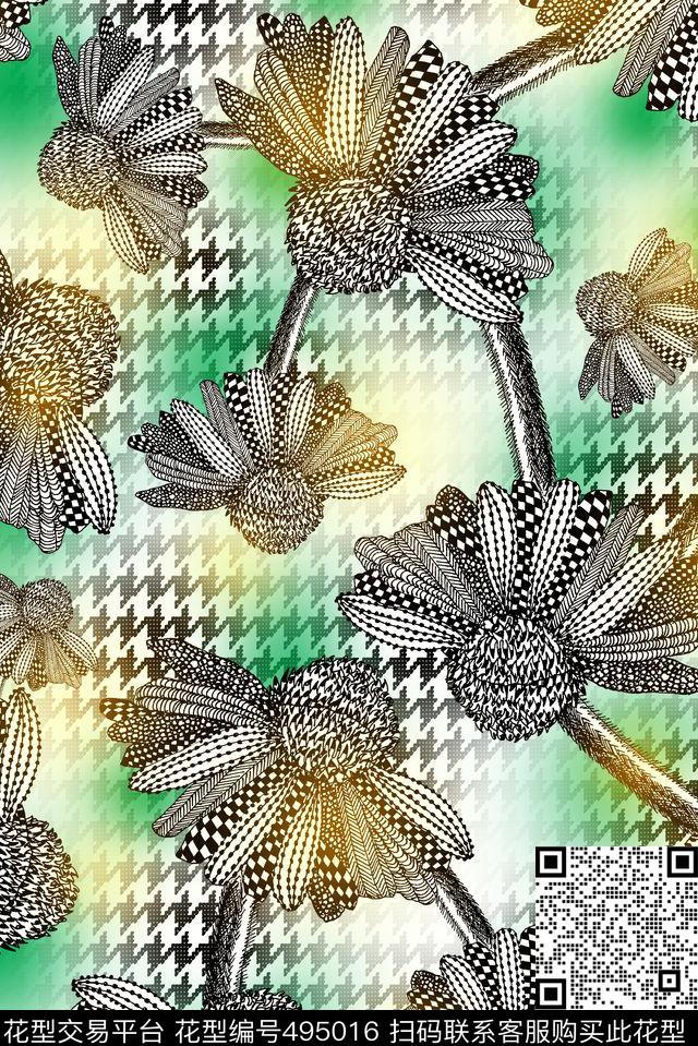 花卉几何千鸟格数码印花华亿平台下载（图片编号: 495016） - 瓦栏（Walan）