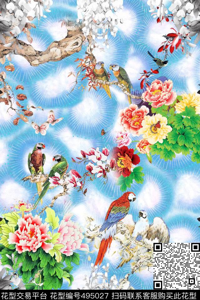 中国风水彩花鸟数码印花华亿平台下载（图片编号: 495027） - 瓦栏（Walan）