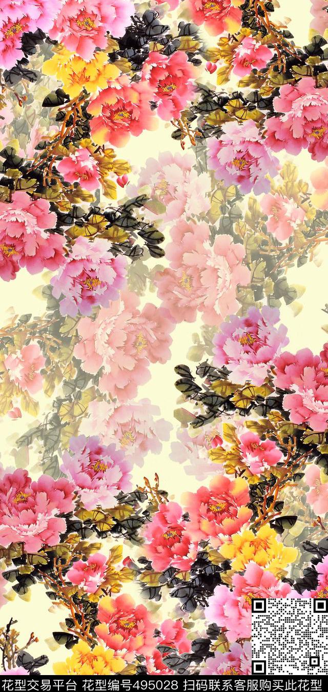 中国风牡丹花卉数码喷印数码印花华亿平台下载（图片编号: 495028） - 瓦栏（Walan）