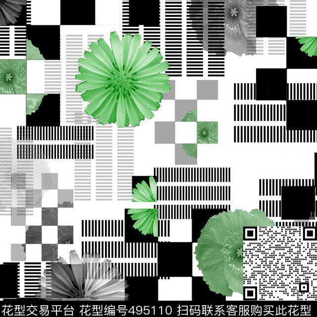 时尚混搭黑白格重叠数码印花华亿平台下载（图片编号: 495110） - 瓦栏（Walan）