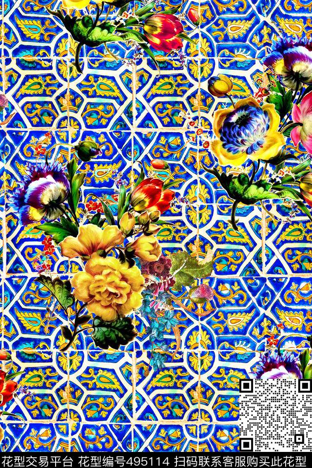 时尚砖画花卉数码印花华亿平台下载（图片编号: 495114） - 瓦栏（Walan）