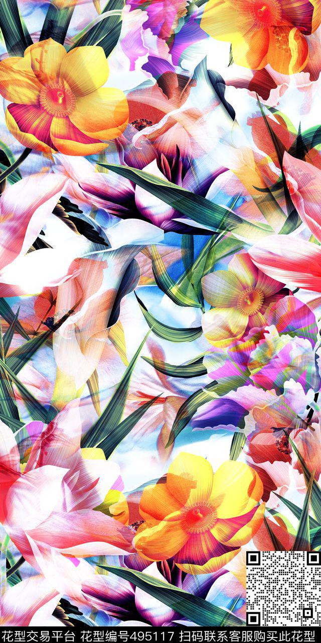 欧美流行潮流时尚手绘花卉连衣裙沙发布数码印花华亿平台下载（图片编号: 495117） - 瓦栏（Walan）