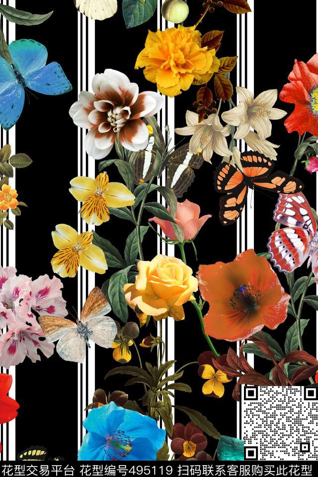 条纹蝴蝶花卉数码印花华亿平台下载（图片编号: 495119） - 瓦栏（Walan）
