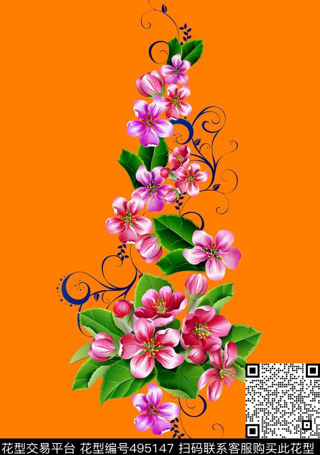 花卉花藤清新数码印花华亿平台下载（图片编号: 495147） - 瓦栏（Walan）