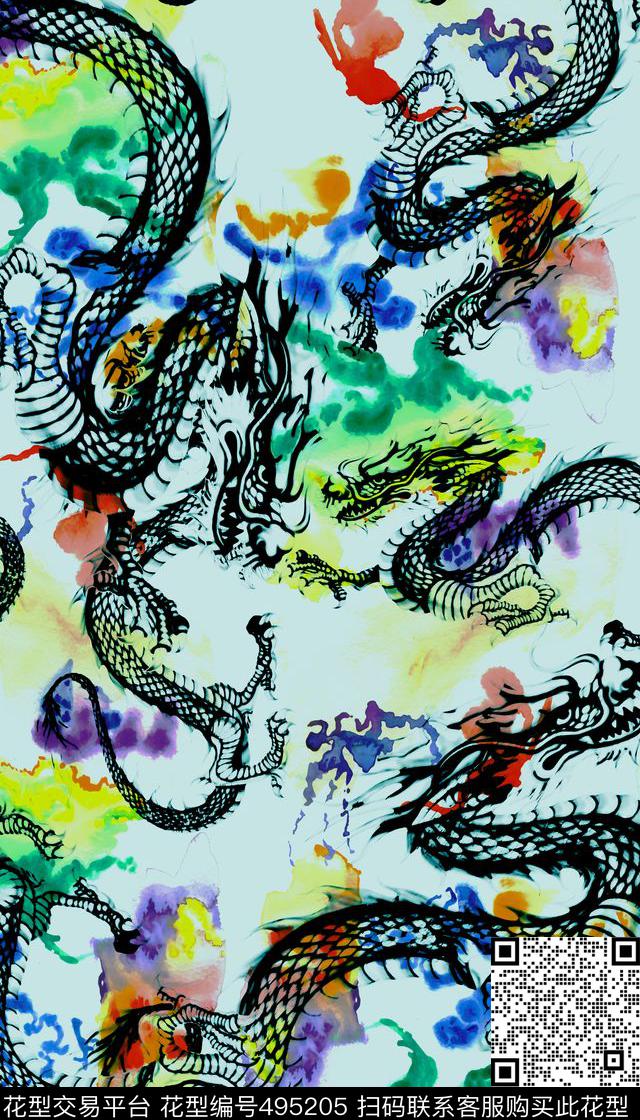 中国风泼墨水彩龙数码印花华亿平台下载（图片编号: 495205） - 瓦栏（Walan）