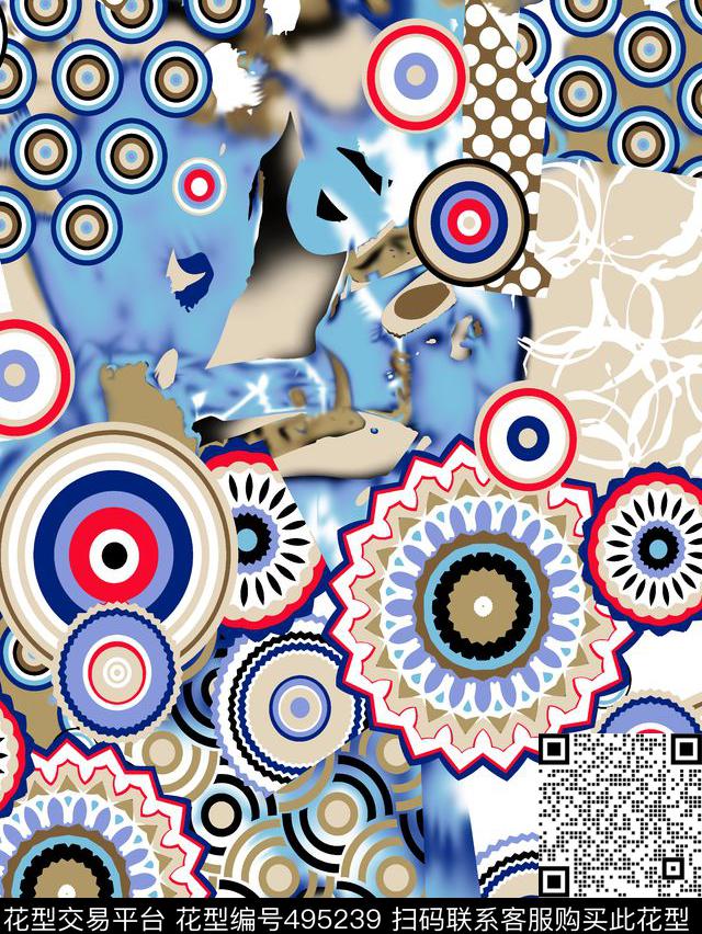 切割拼接休闲风圆圈圆点数码印花华亿平台下载（图片编号: 495239） - 瓦栏（Walan）