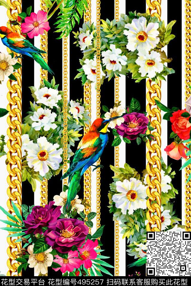 锁链鸟类花卉数码印花华亿平台下载（图片编号: 495257） - 瓦栏（Walan）