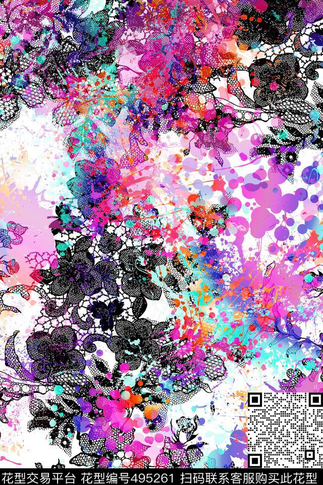 彩点蕾丝喷溅数码印花华亿平台下载（图片编号: 495261） - 瓦栏（Walan）