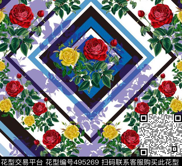 抱枕印花格子玫瑰花数码印花华亿平台下载（图片编号: 495269） - 瓦栏（Walan）