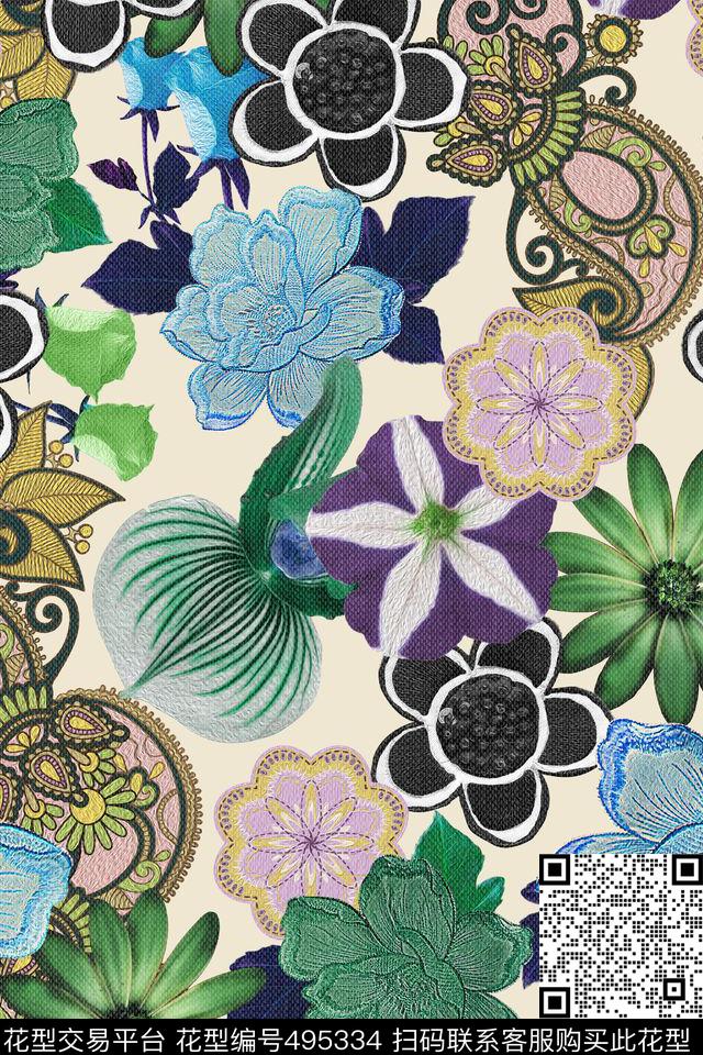 花卉传统印花民族风数码印花华亿平台下载（图片编号: 495334） - 瓦栏（Walan）
