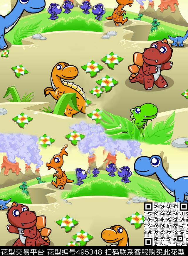 卡通情景霸王龙花朵数码印花华亿平台下载（图片编号: 495348） - 瓦栏（Walan）