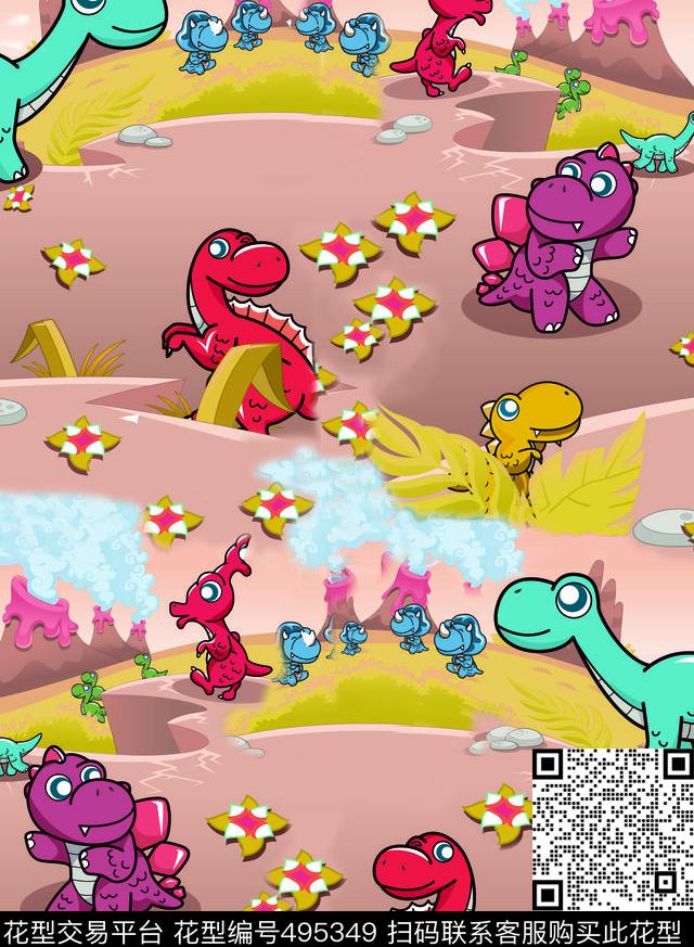 卡通情景霸王龙花朵数码印花华亿平台下载（图片编号: 495349） - 瓦栏（Walan）