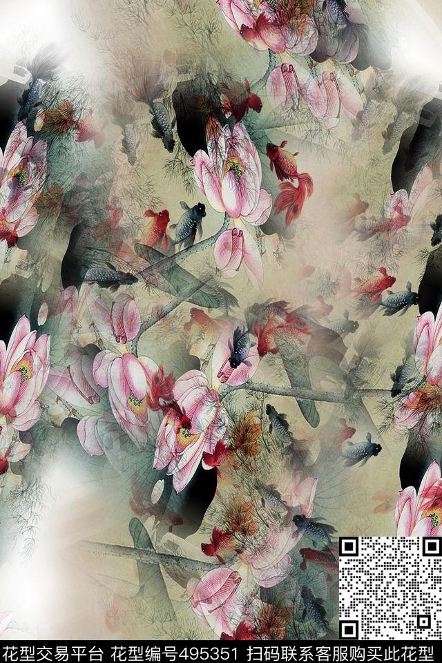 鱼荷花时尚数码印花华亿平台下载（图片编号: 495351） - 瓦栏（Walan）