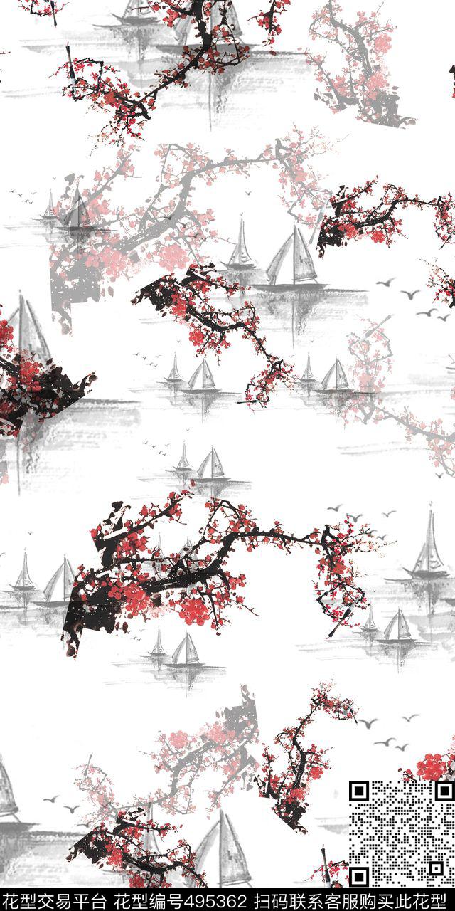 中国风梅花小船数码印花华亿平台下载（图片编号: 495362） - 瓦栏（Walan）