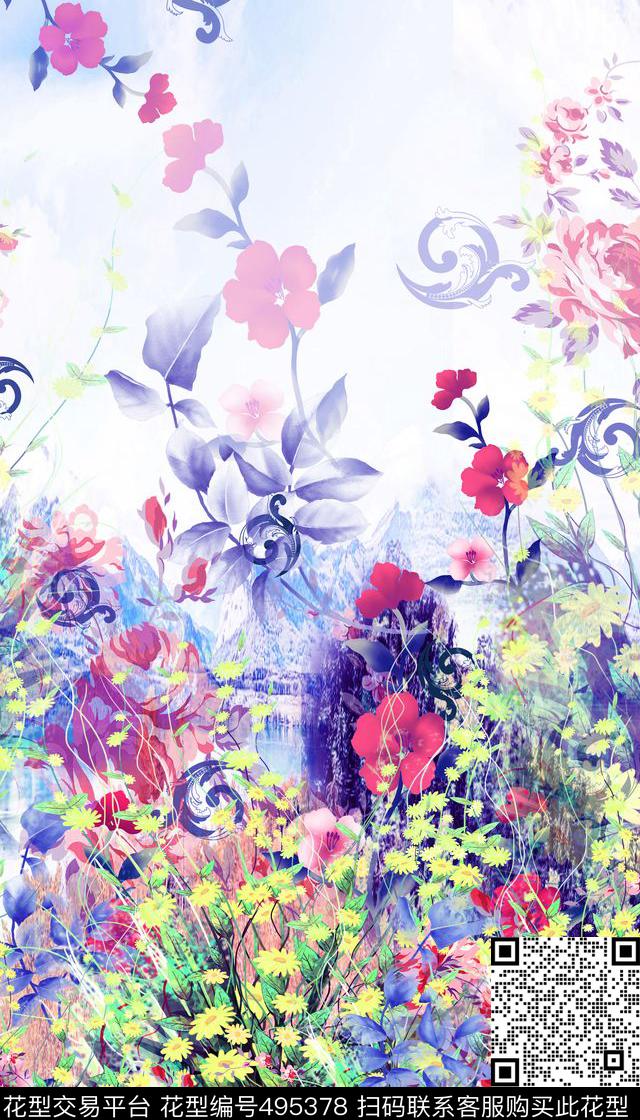 女装二方连续花鸟植物数码印花华亿平台下载（图片编号: 495378） - 瓦栏（Walan）