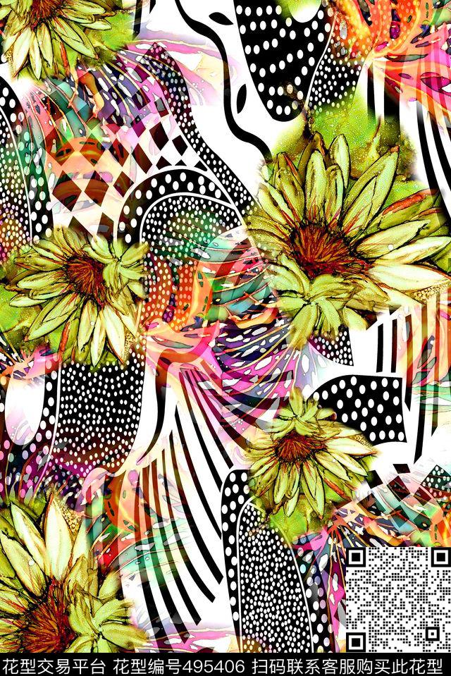 几何水彩水墨数码印花华亿平台下载（图片编号: 495406） - 瓦栏（Walan）