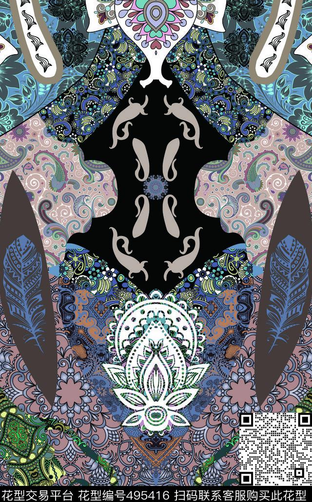 火腿纹民族羽毛传统印花华亿平台下载（图片编号: 495416） - 瓦栏（Walan）