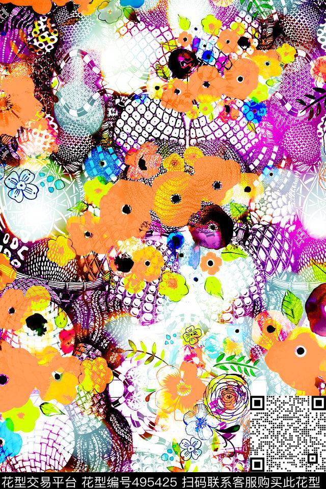 抽象几何水彩数码印花华亿平台下载（图片编号: 495425） - 瓦栏（Walan）