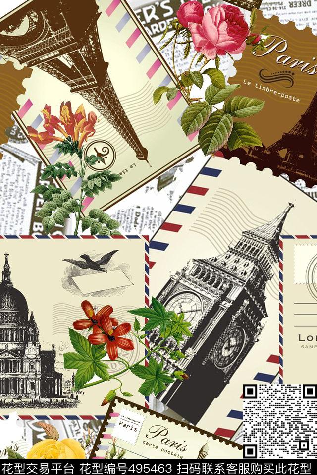 复古建筑欧式花卉信封数码印花华亿平台下载（图片编号: 495463） - 瓦栏（Walan）