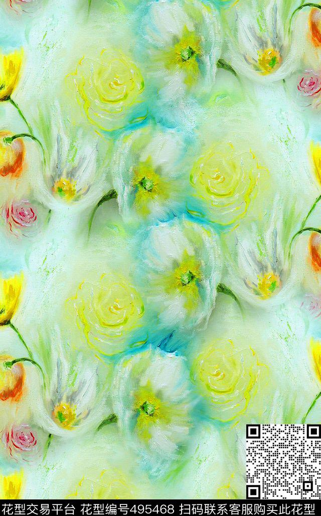 流行时尚手绘水彩花卉欧美数码印花华亿平台下载（图片编号: 495468） - 瓦栏（Walan）
