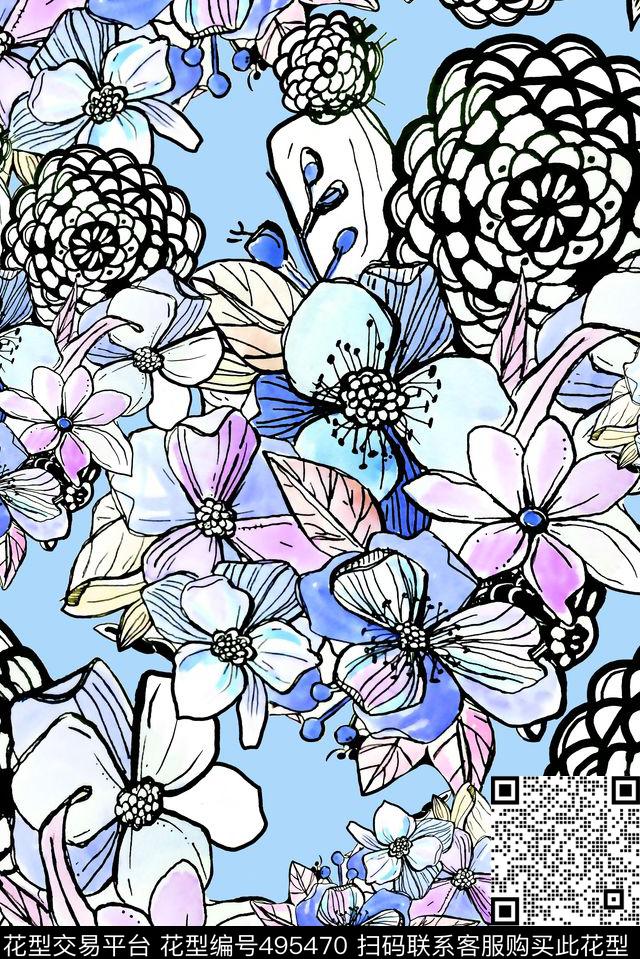 花卉简单手绘花数码印花华亿平台下载（图片编号: 495470） - 瓦栏（Walan）
