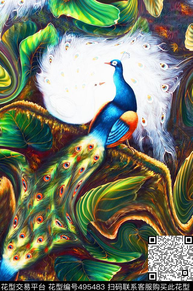 中国风孔雀热带叶子数码印花华亿平台下载（图片编号: 495483） - 瓦栏（Walan）