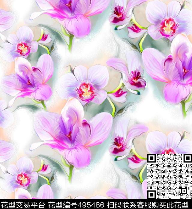 流行时尚手绘水彩花卉欧美数码印花华亿平台下载（图片编号: 495486） - 瓦栏（Walan）