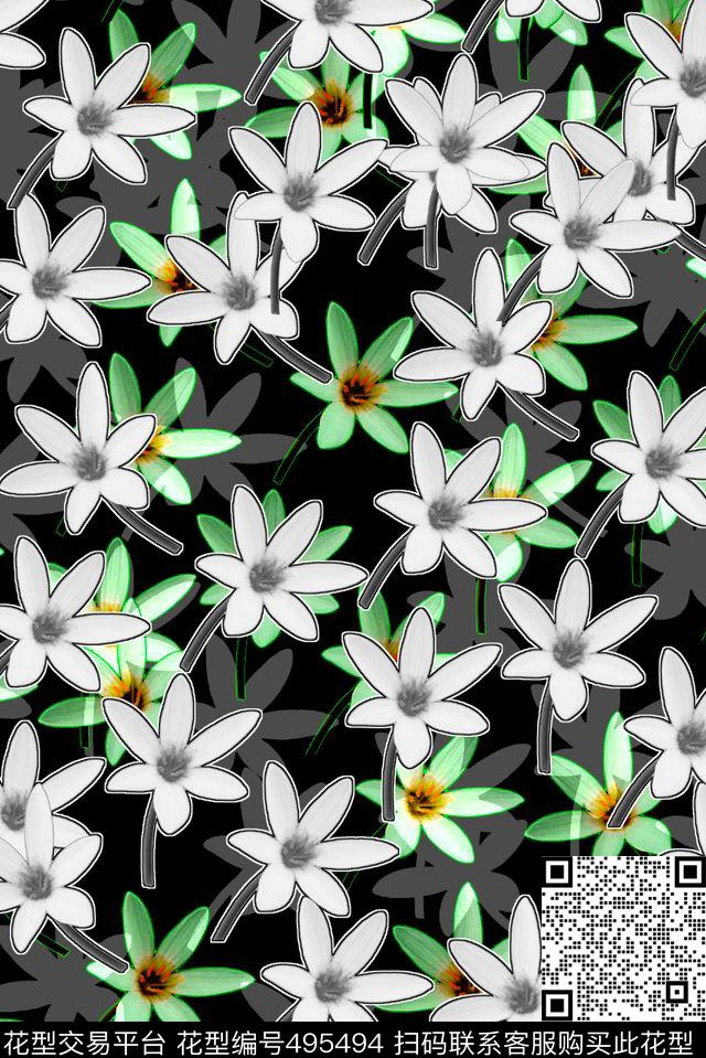 花卉白花小白花数码印花华亿平台下载（图片编号: 495494） - 瓦栏（Walan）