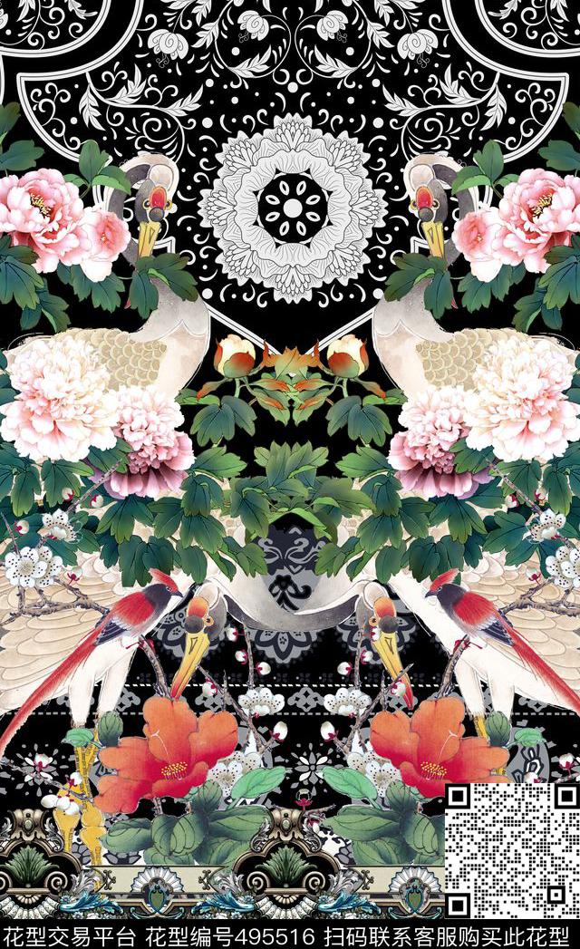 潮流时尚工笔画花卉牡丹数码印花华亿平台下载（图片编号: 495516） - 瓦栏（Walan）