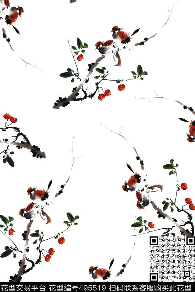 简洁水墨花鸟数码印花华亿平台下载（图片编号: 495519） - 瓦栏（Walan）
